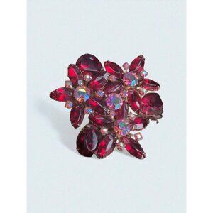 Vintage 1950s Ruby Red Rhinestone Floral Brooch Riveted Back Aurora Borealis Acc